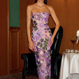 Eugenia Flower Sequins Strapless Mesh Dress - Purple