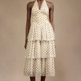 Julieta Sleeveless Dot Printed Layered Folds Midi Dress
