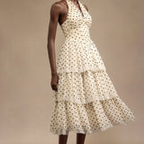 Julieta Sleeveless Dot Printed Layered Folds Midi Dress