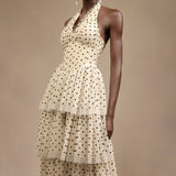 Julieta Sleeveless Dot Printed Layered Folds Midi Dress