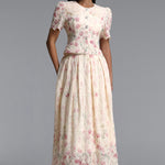 Ignacia Romantic Flowy Short Sleeve Floral Print Embroidered Woven Top and Skirt Two Piece Set