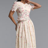 Ignacia Romantic Flowy Short Sleeve Floral Print Embroidered Woven Top and Skirt Two Piece Set