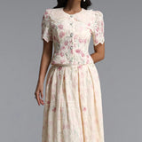 Ignacia Romantic Flowy Short Sleeve Floral Print Embroidered Woven Top and Skirt Two Piece Set