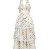 Julieta Sleeveless Dot Printed Layered Folds Midi Dress