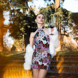 Polasa Halter Sleeveless Sequins Flower Mini Dress